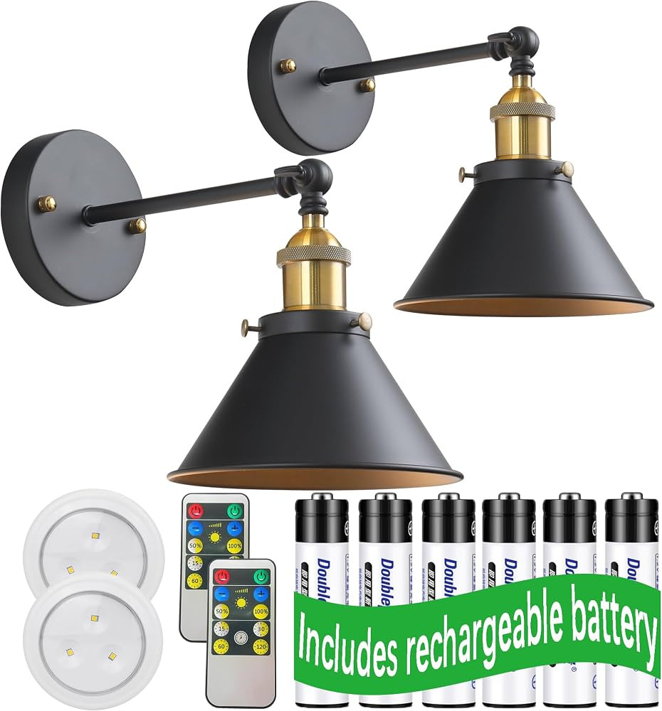2-Light Led Industrial Battery Operated Wall Lights, Battery Run Remote Control Wireless Classic ... | Amazon (US)