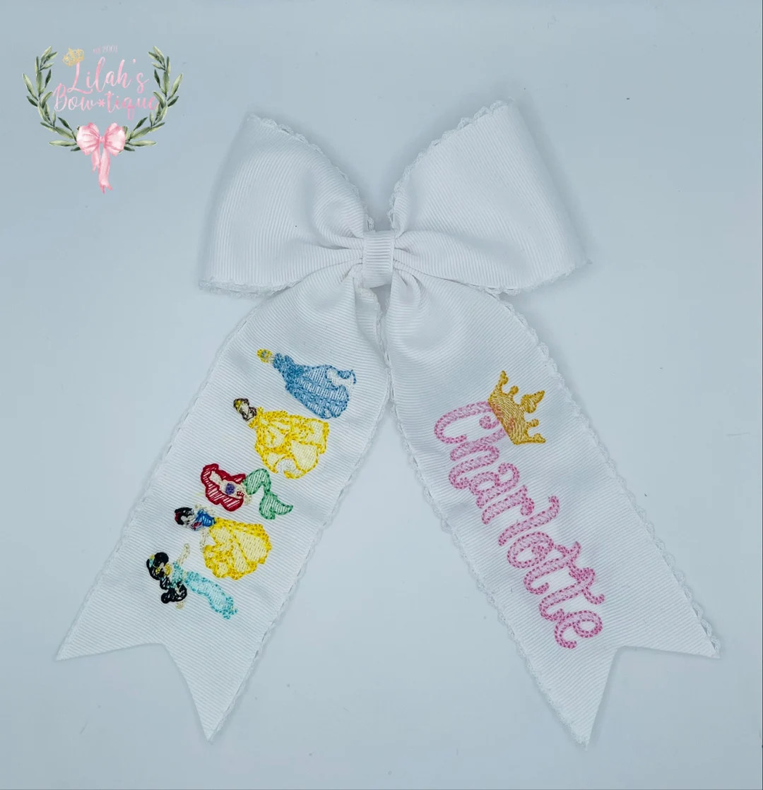 Custom personalized Disney princesses moonstitch ribbon hair bow Cinderella, Belle, Snow White, A... | Etsy (US)