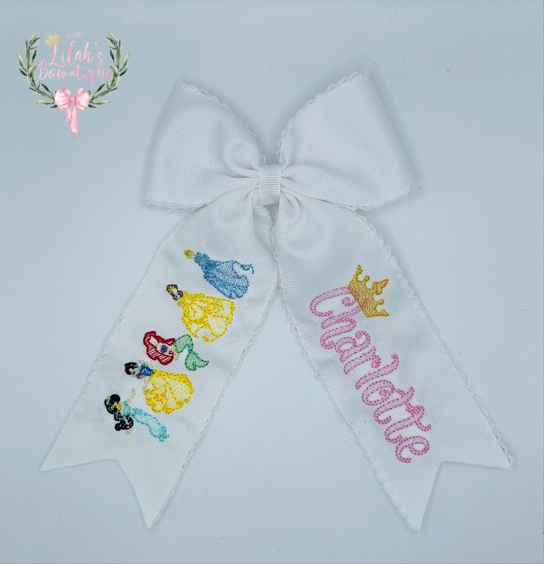 Custom personalized Disney princesses moonstitch ribbon hair bow Cinderella, Belle, Snow White, A... | Etsy (US)