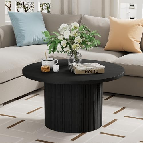 Furniway Round Coffee Table, 35.4" Circle Wide Coffee Table, Wood Table and Center Table for Living Room, Black | Amazon (US)