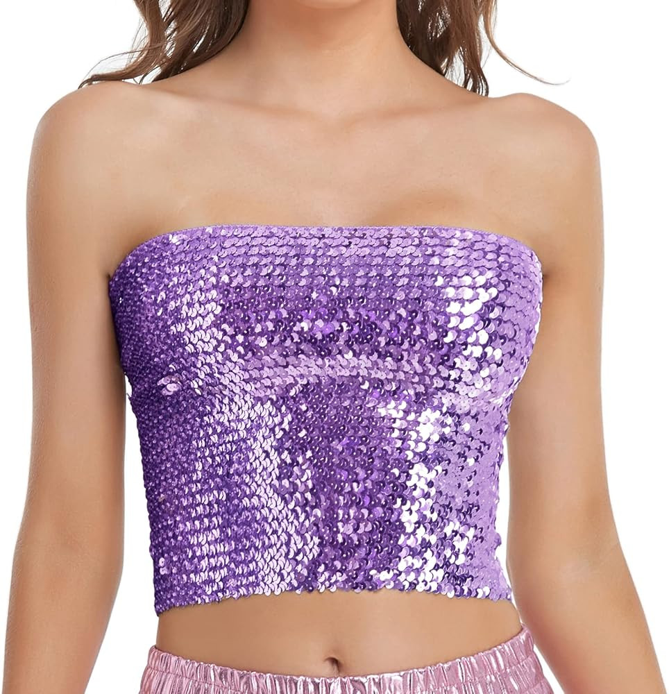 Womens Sparkly Sequin Mermaid Crop Tops, Strapless Metallic Tube Tops for Party Clubwear | Amazon (US)