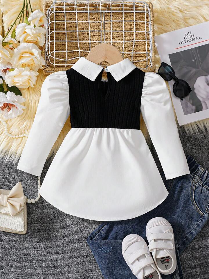 Baby Girls' Elegant And Black & White Knitted Splice Top, Suitable For Daily And Casual Wear, Parties, Holidays, And Gatherings In Autumn And Winter | SHEIN