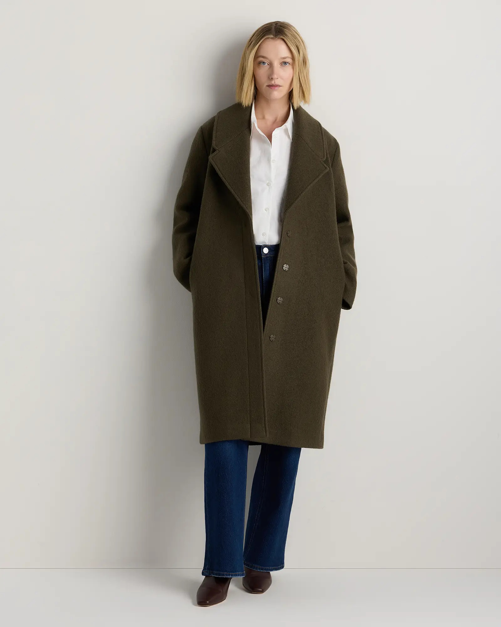100% Merino Wool Shawl Collar Long Coat in Olive Grove | Quince