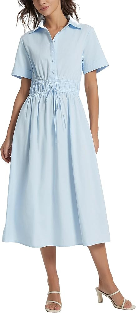 Ladyful Women Casual Button Down Short Sleeve Shirt Dress Tie Waist Midi Shirt Dress Elegant Busi... | Amazon (US)