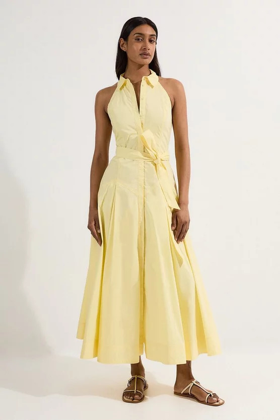 Cotton Collared Halter Neck Woven Midi Shirt Dress With Dropped Waist Detail | Karen Millen UK + IE + DE + NL