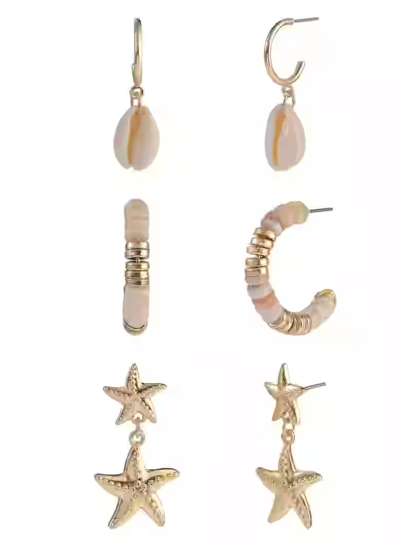 Time and Tru Adult Female Gold-Tone Starfish, Shell, and Beaded Multi Earring Set - 3 Pairs | Walmart (US)