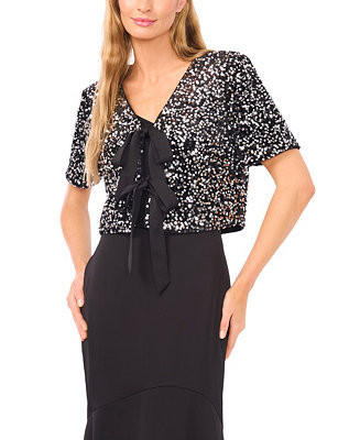 CeCe Women's Cropped Velvet Sequin Short Sleeve Top - Macy's | Macy's