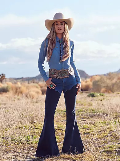 Wrangler x Lainey Wilson Western Chap Bell Bottoms in Tonal Blue | Wrangler
