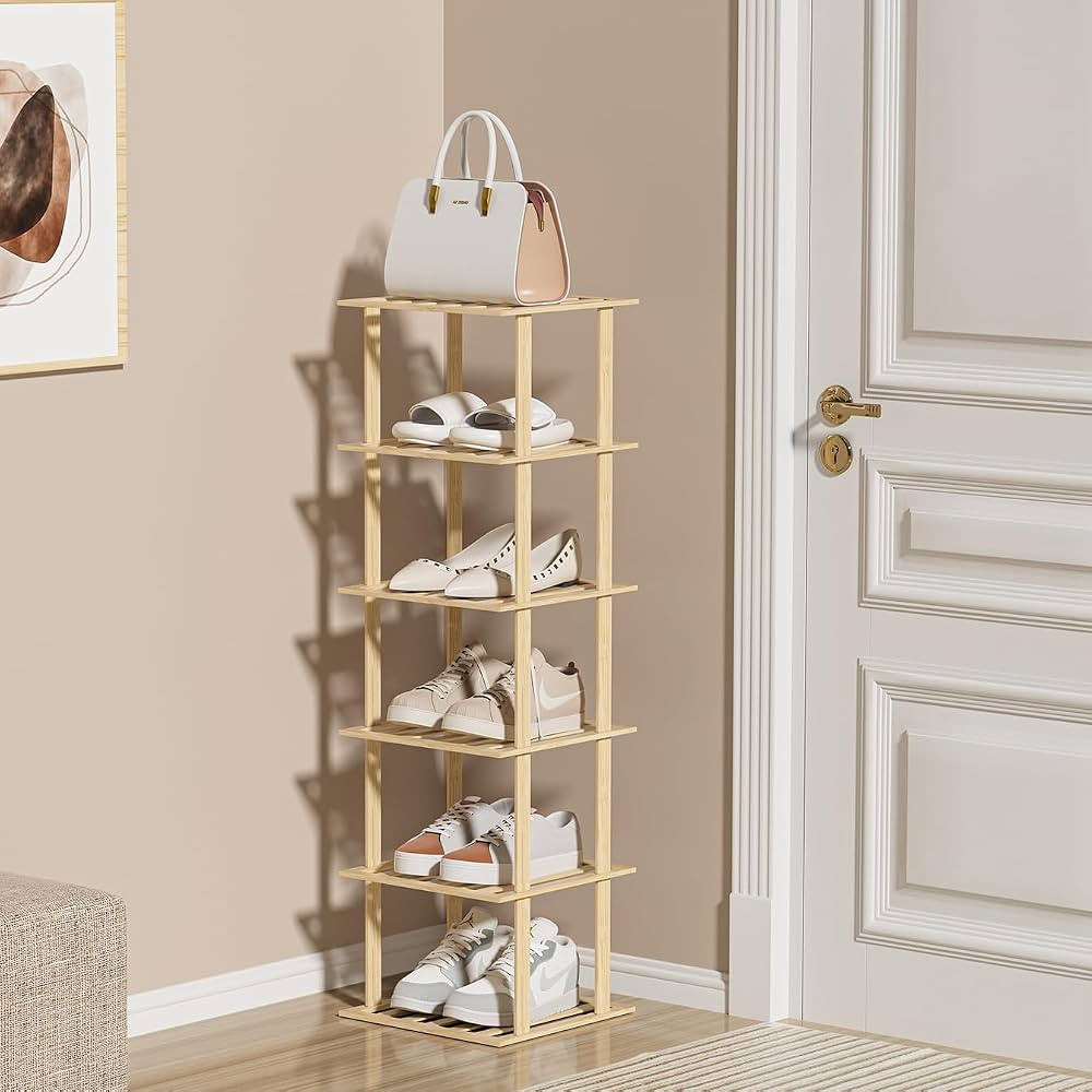 6-Tier Bamboo Shoe Rack - Vertical Shoe Rack for Small Spaces, Tall Narrow Shoe Rack Organizer fo... | Amazon (US)