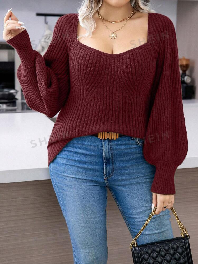 SHEIN LUNE Plus Sweetheart Neck Lantern Sleeve Sweater, For Christmas, Winter | SHEIN