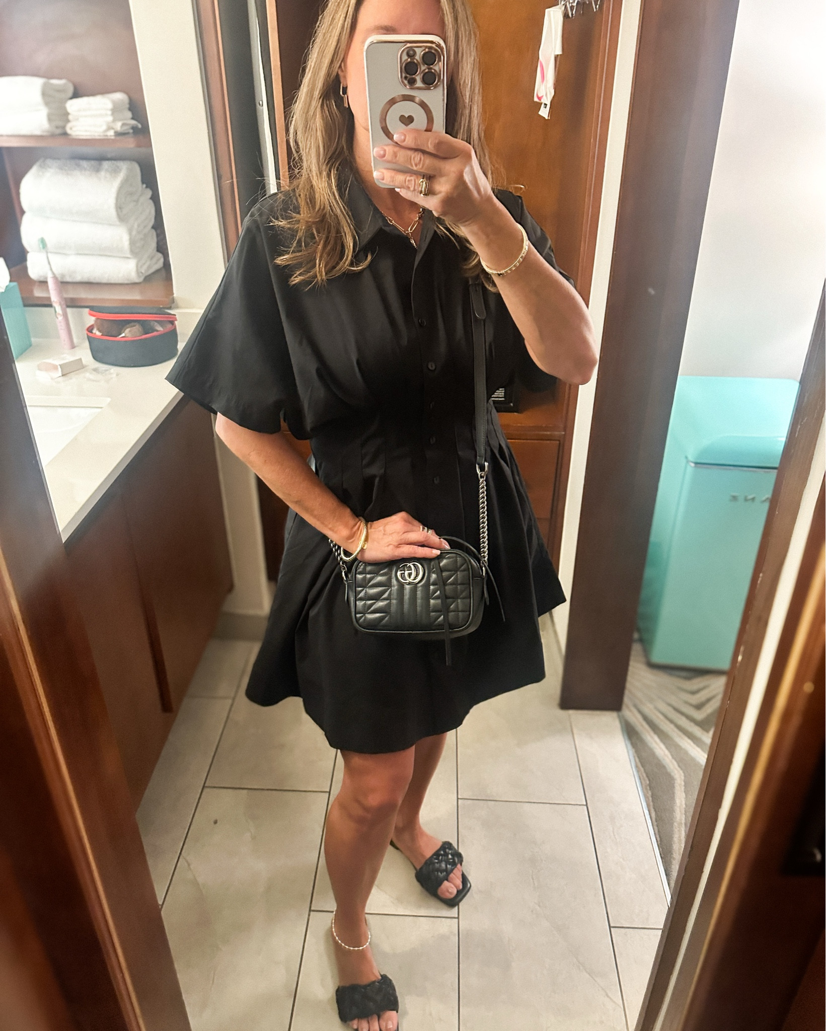 The cut of this Anthropologie dress is so flattering! It’s the perfect length. Comes in different colors and patterns. Wearing size large. 

#LTKOver40 #LTKPetite #LTKMidsize