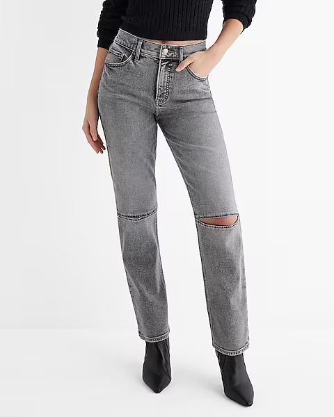 High Waisted Gray Wash Knee Cutout Modern Straight Jeans | Express (Pmt Risk)