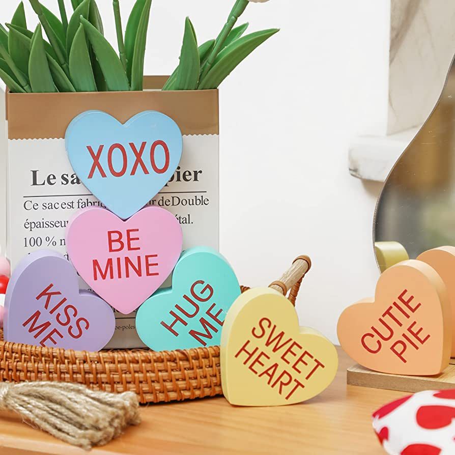 Valentine's Day Conversation Heart Wooden Sign Heart Farmhouse Candy Hearts Valentines Tiered Tra... | Amazon (US)