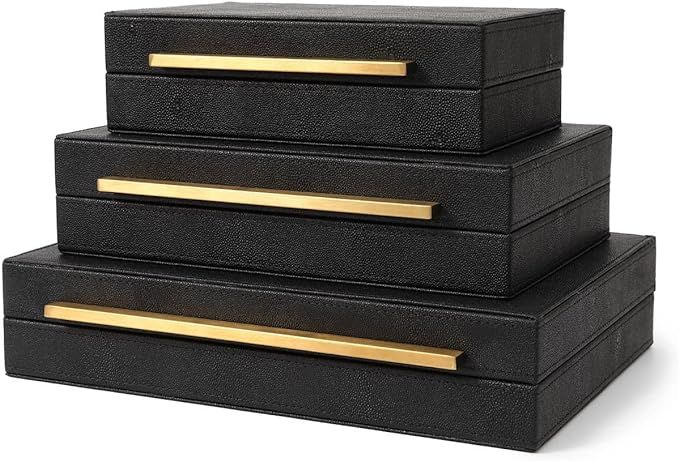 Sagadale Set of 3pcs Black Shagreen Leather Jewelry boxes,Stackable Decorative boxes,Storage boxe... | Amazon (US)