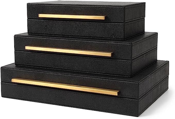 Sagadale Set of 3pcs Black Shagreen Leather Jewelry boxes,Stackable Decorative boxes,Storage boxe... | Amazon (US)