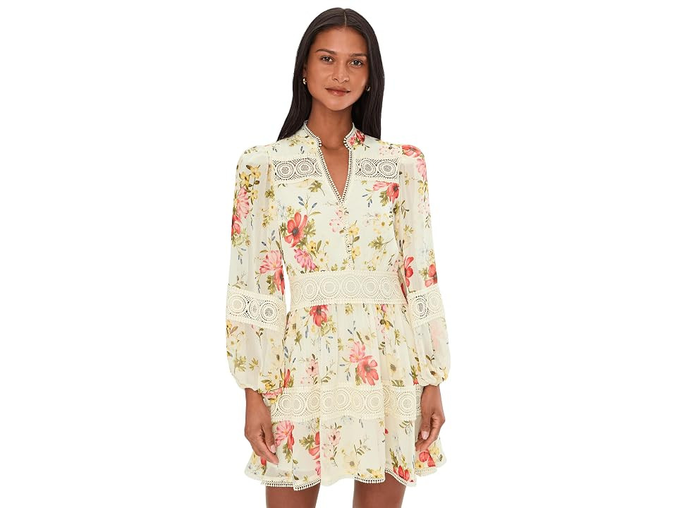 Avec Les Filles Long Sleeve Lace Detail Mini Dress Women's Dress Cream Flower Press : 8, Polyester | Zappos