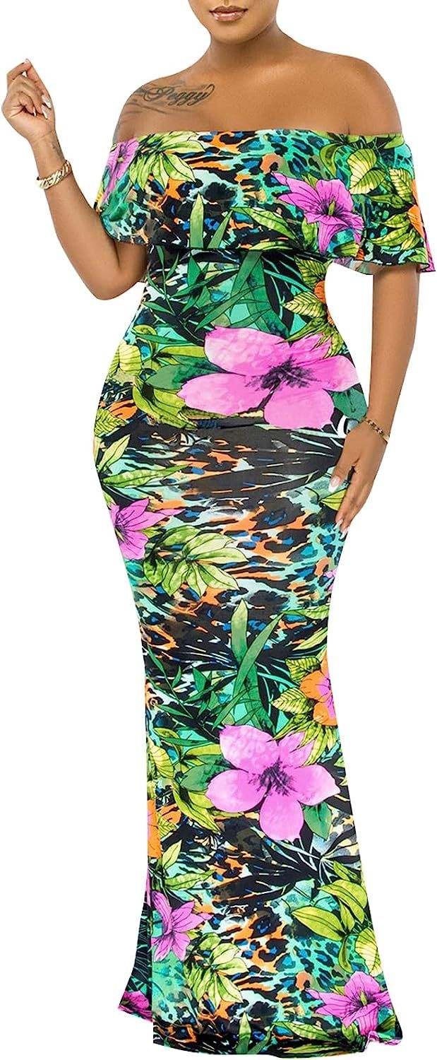 Women's Off Shoulder Maxi Dress Sexy Hawaiian Floral Long Party Dresses | Amazon (US)