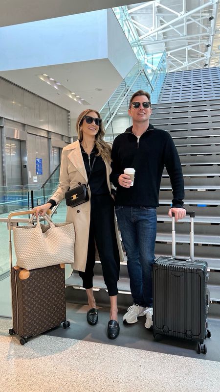 Airport outfit for couples. Comfortable and stylish outfit for the long flights or drives. Everything fits true to size I am wearing size small. 

#LTKTravel #LTKMens #LTKOver40
