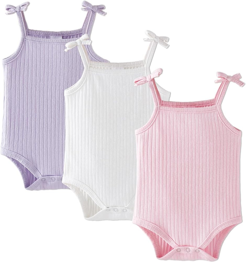 Sleeveless Onesies for Baby Girl Tank Top Onesies 3 Pack Ribbed Newborn Bodysuit Girl Summer Clot... | Amazon (US)