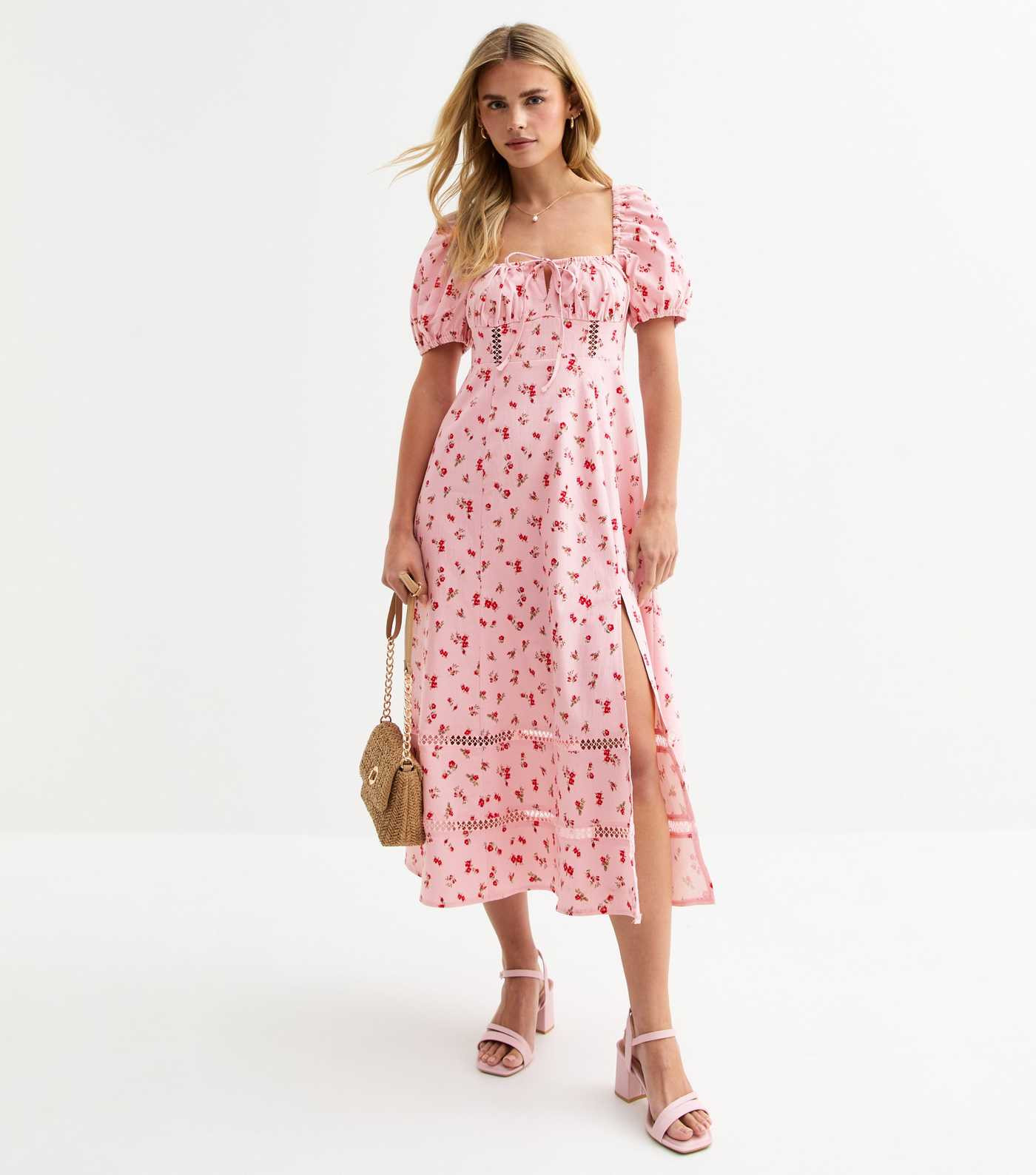 Petite Pink Floral Print Milkmaid Midi Dress | New Look | New Look (UK)