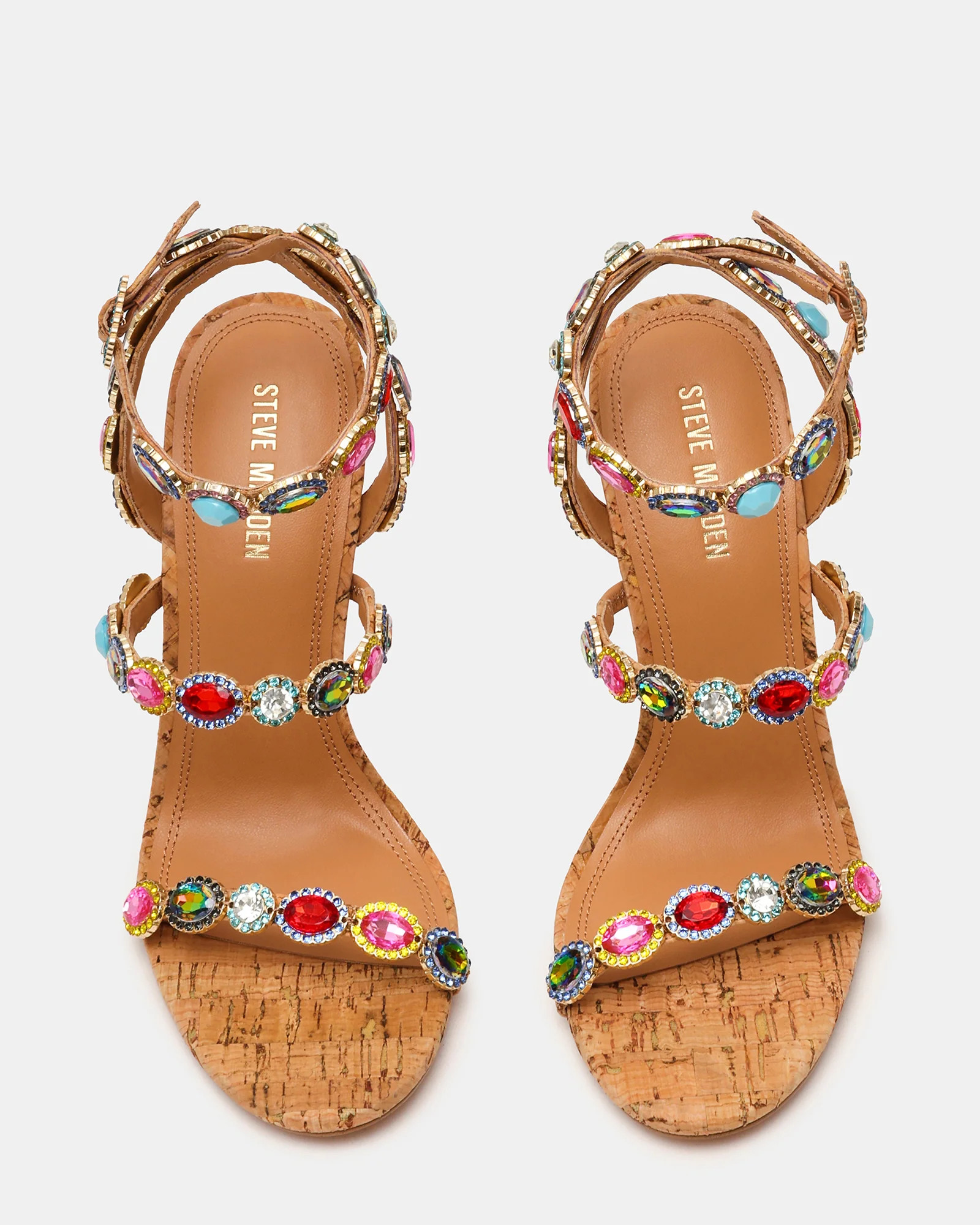 TAMALA Cork Bright Multi Stone Round Open Toe Ankle Strap Women's Heel | Steve Madden (US)