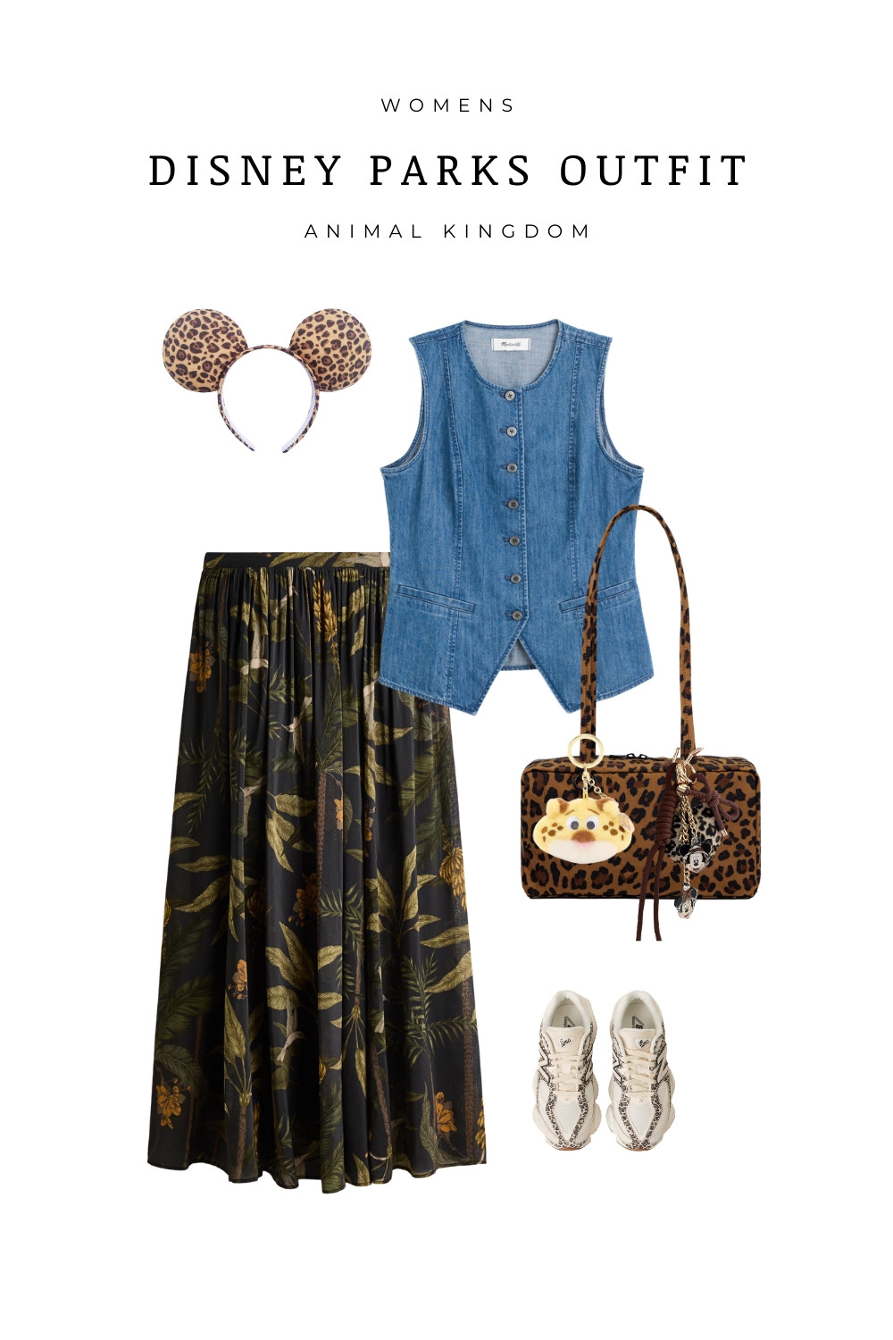 Stylish outfit idea for a day at Disney’s Animal Kingdom. This look features leopard Mickey ears, a denim vest, tropical print maxi skirt, comfy sneakers, and a leopard crossbody bag with a zootopia keychain. A cute and comfortable Disney parks outfit that fits the safari vibe of Animal Kingdom while staying park-ready for a full day of rides and exploring.

#LTKootd #LTKTravel