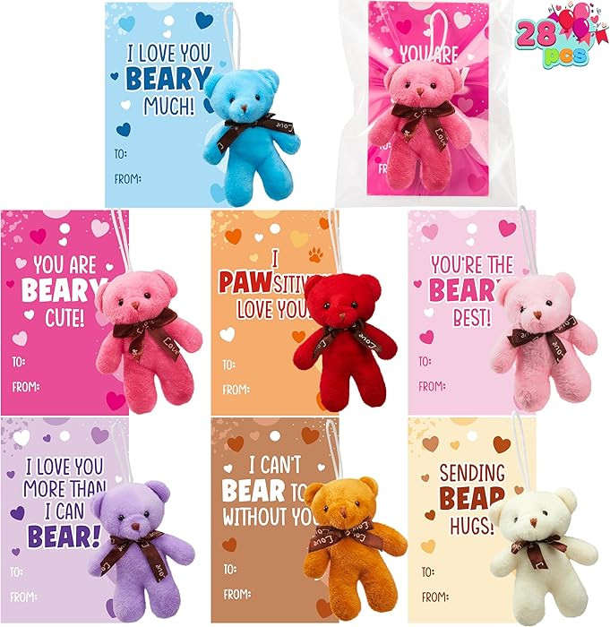 JOYIN 28 Packs Valentine's Day Gift Cards with Mini Bears Plush Toy Party Favors, Mini Stuffed Pl... | Amazon (US)