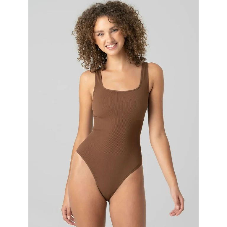 No Boundaries Seamless Ribbed Square Neck Bodysuit, Women's and Women's Plus | Walmart (US)