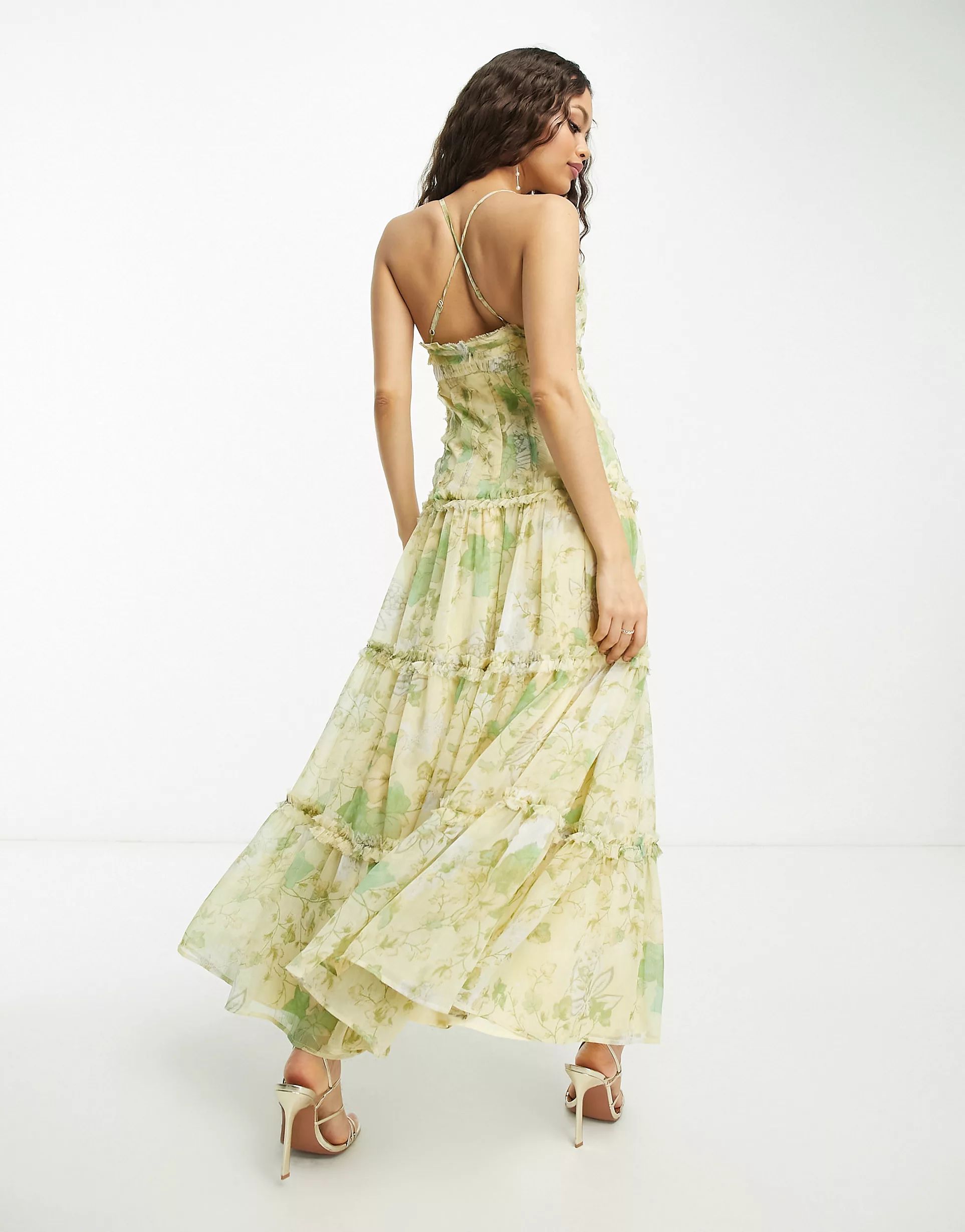 ASOS DESIGN Petite knot front cut out maxi slip dress with raw edge tiers in yellow floral print | ASOS (Global)