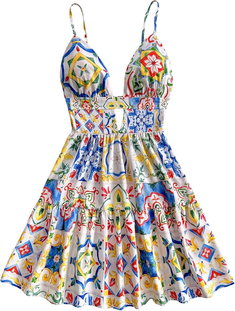 Floerns Women's Boho Floral Print Mini Dresses Cut Out V Neck Tiered Summer Cami Dresses | Amazon (US)