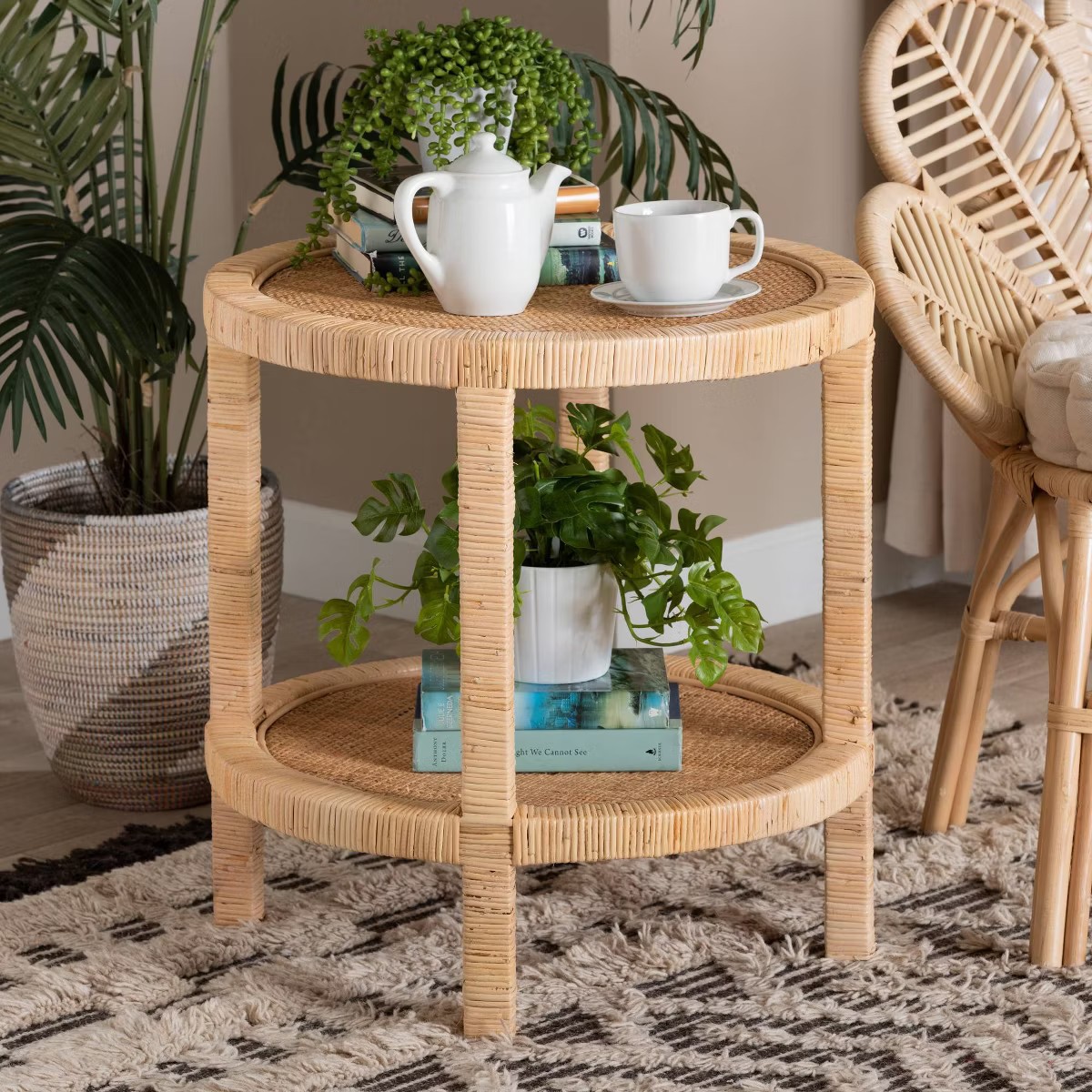 Bella Mahogany Wood and Natural Rattan 2 Tier End Table Natural Brown - Baxton Studio | Target