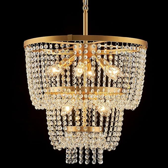 FookChak 10-Light Gold Crystal Chandeliers Luxury Modern Crystal Chandelier Light Fixtures 3-Tier... | Amazon (US)