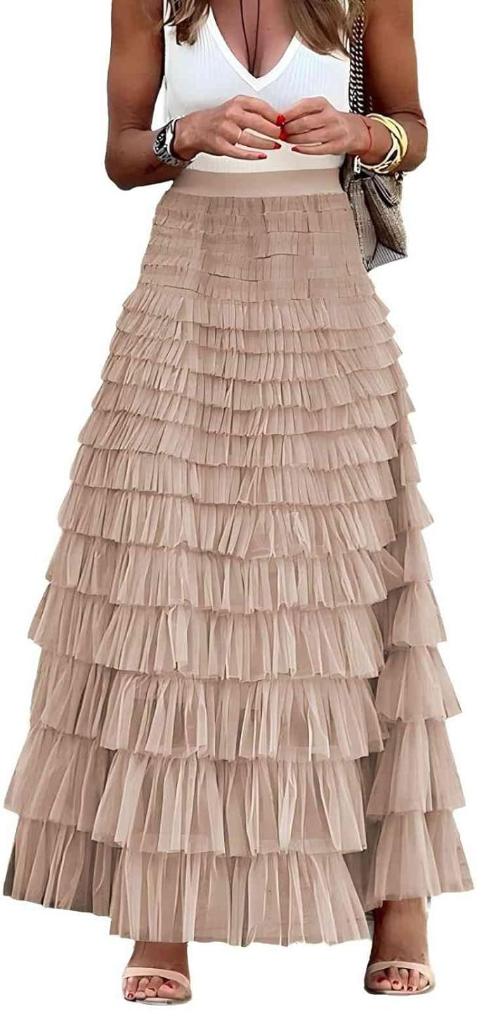Womens Long Tulle Skirt A Line Ruffle Tiered Layered Skirts High Waisted Flowy Fairy Maxi Skirts | Amazon (US)