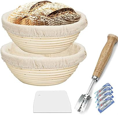 9 Inch Proofing Basket 2 Pack,WERTIOO Bread Proofing Basket + Bread Lame +Dough Scraper+ Linen Li... | Amazon (US)