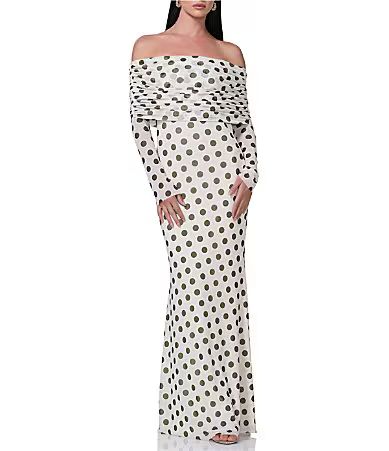 AFRM Thelma Mesh Dot Print Off The Shoulder Neck Long Sleeve Maxi Dress - S | Dillard's