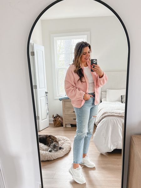 Spring transition outfit! Free people jacket lookalike for less! Express high rise straight leg jeans tts. Ribbed long sleeve tee from target that’s true to size. Neutral Nike sneakers fit TTS. 

#LTKstyletip #LTKunder50 #LTKunder100