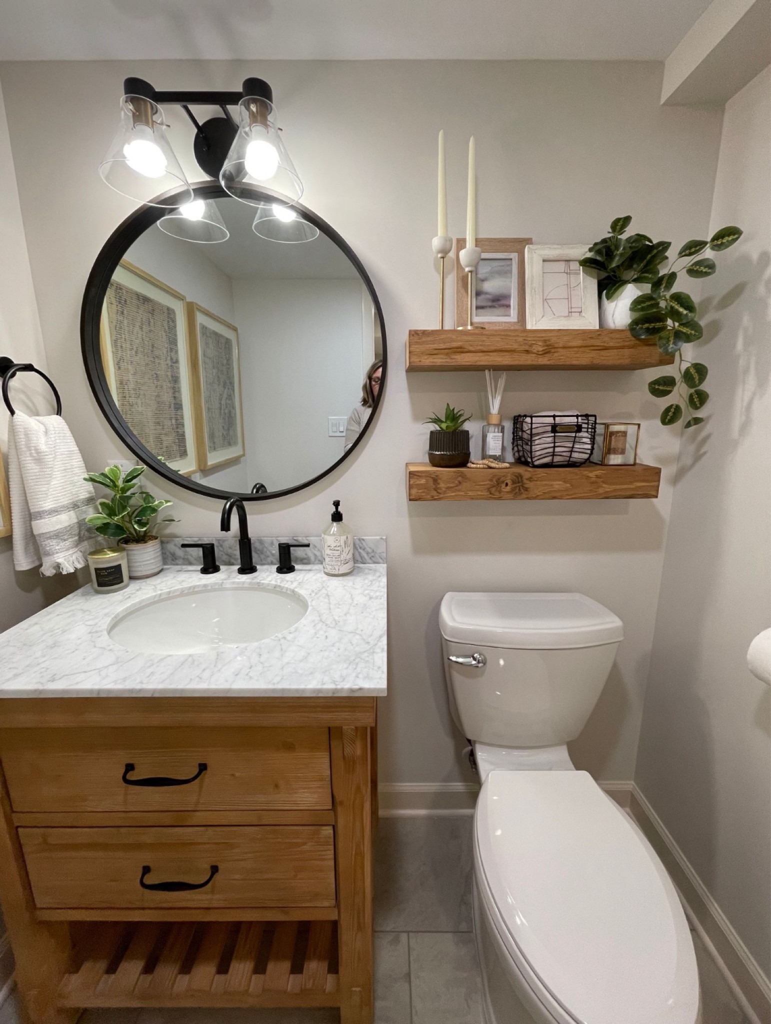 Bathroom design. Vanity, mirror, floating shelve, storage basket, textured fabric frames, candle, faucet, toilet paper holder, and towel holder

#LTKstyletip #LTKbeauty #LTKhome