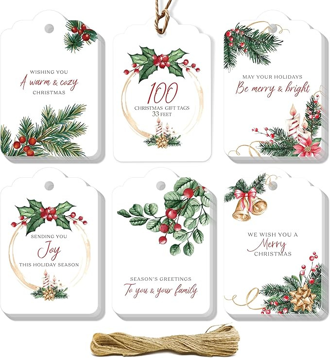 100 PCS Christmas Gift Tags, Gift Wrap Tags with 33 Feet Rope, Xmas Holiday Name Tag Labels for D... | Amazon (US)