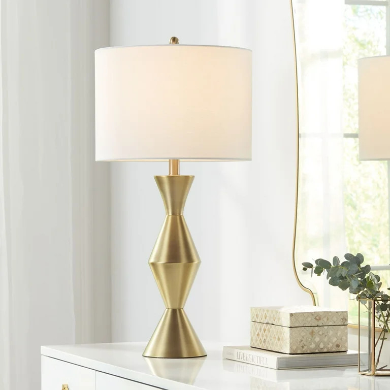 360 Lighting Mid Century Modern Table Lamp 28" Tall Brass Gold Metal White Drum Living Room Bedro... | Walmart (US)