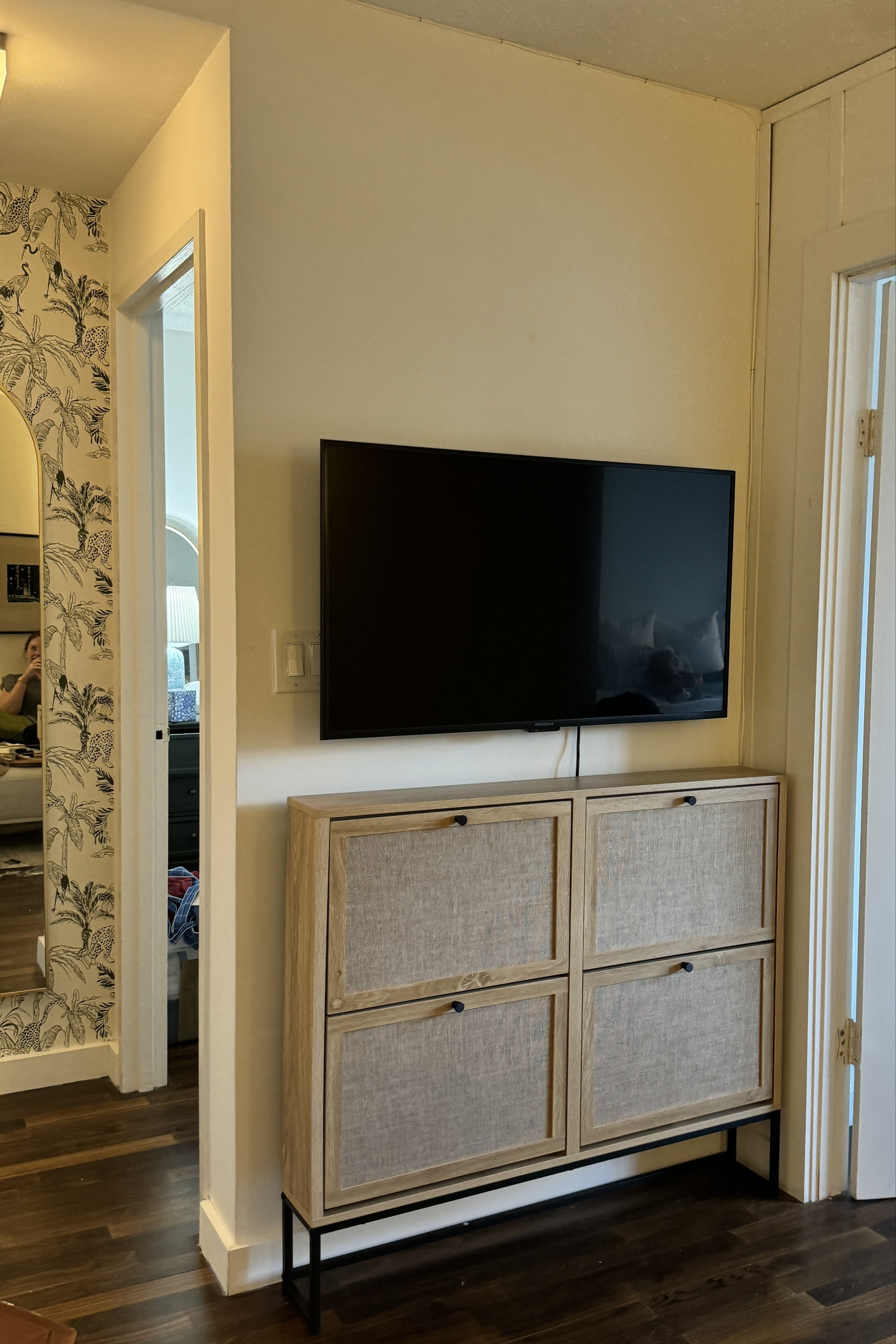 TV/living room set up links! This shoe container was the perfect TV console size for us to hide wires and wifi boxes 

 