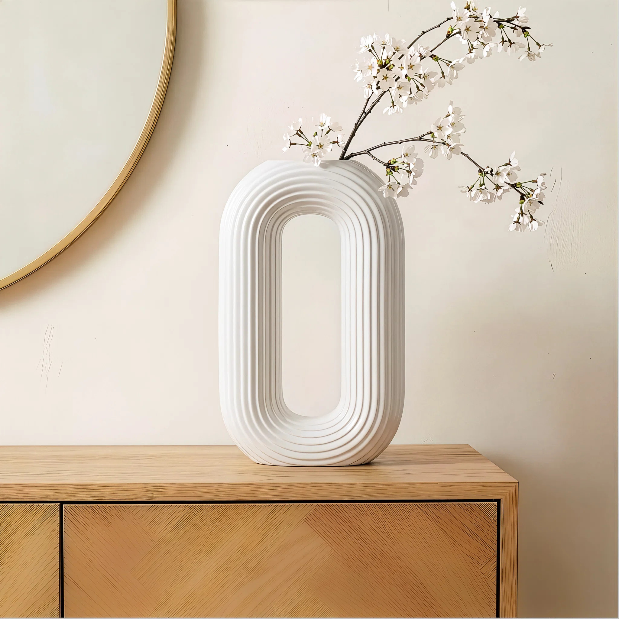 Halo 13" Ribbed Rounded Rectangle Ceramic White Vase | Wayfair North America