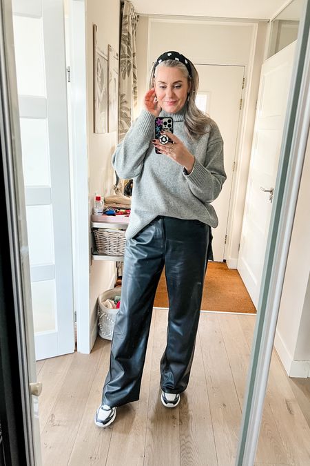 Outfit of the day - Monday 
Grey sweater paired with faux leather wide leg pants. Mine are from Zara but I linked similar. Chunky Skechers sneakers. 

#LTKMostLoved #LTKstyletip #LTKover40