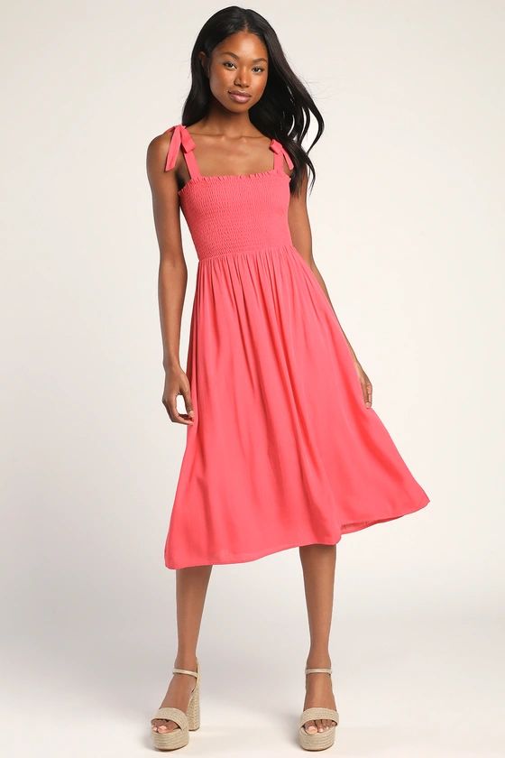 Looking Up Hot Pink Smocked Tie-Strap Midi Dress | Lulus (US)