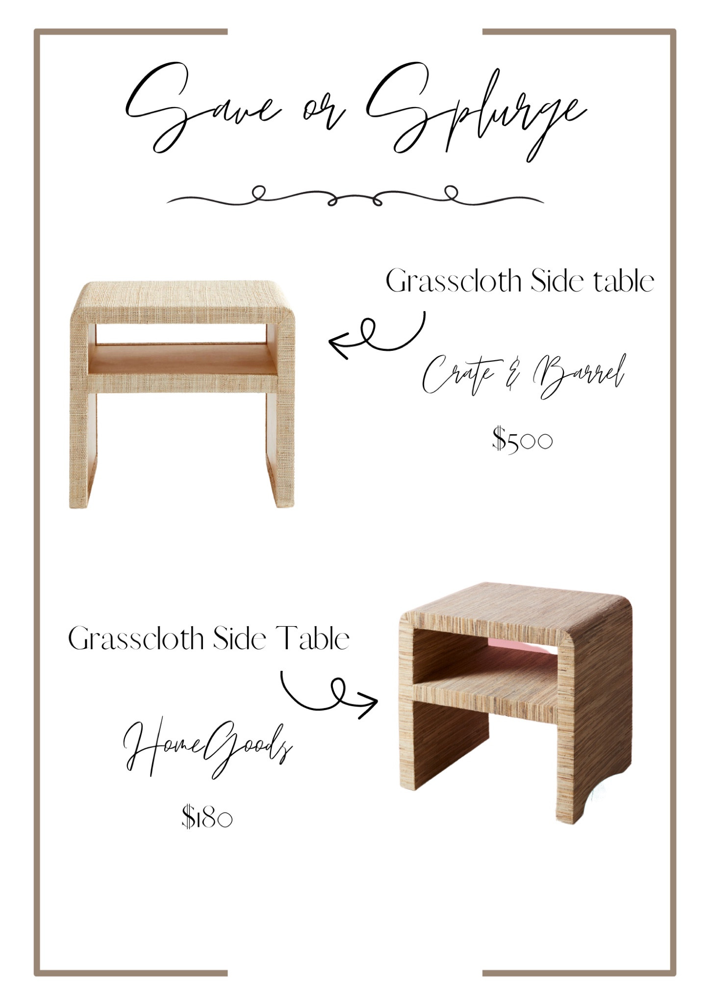 Save or Splurge - Side tables 

Save, splurge, look for less, side tables, night stands, HomeGoods, Crate&Barrel, Home finds, home decor, furniture finds, money saving 

#LTKFind #LTKhome #LTKSeasonal