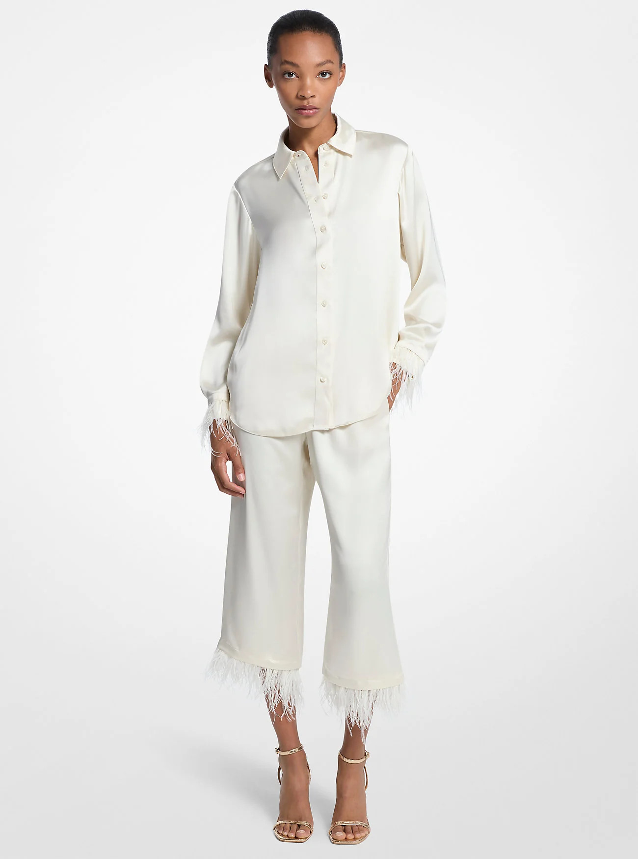Feather Trim Satin Pajama Shirt | Shop Simon
