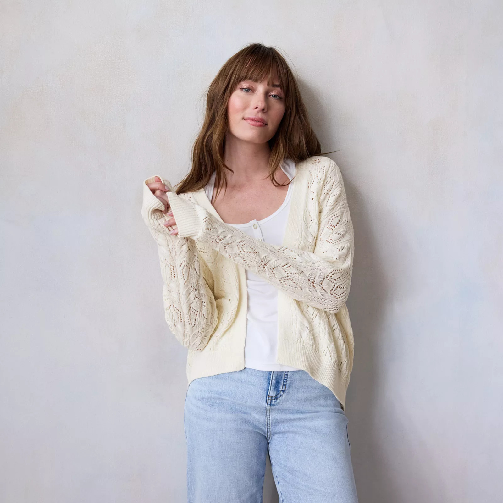 Women's LC Lauren Conrad Pointelle Open Cardigan, Size: Small, Ivory Silk | Kohl's