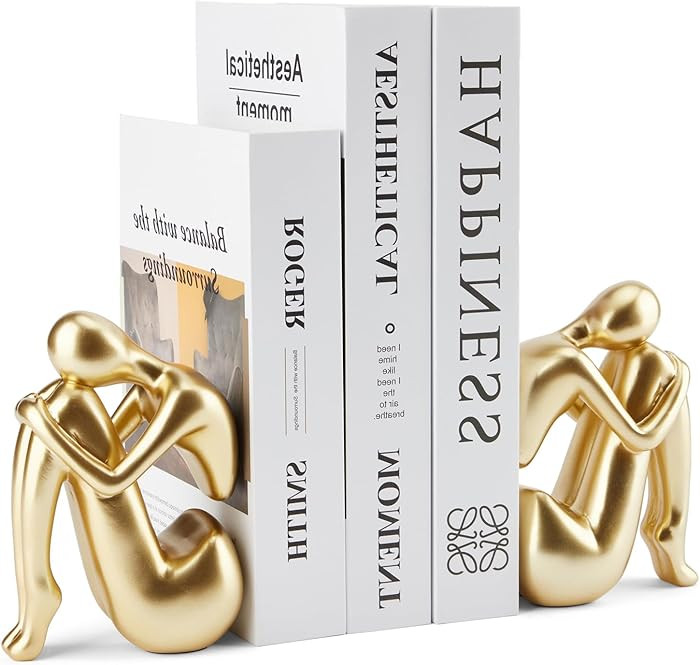Gold Bookends Book Ends, Unique Decorative Girl Thinker Design,Non-Slip Home Office Bookshelf Dec... | Amazon (US)