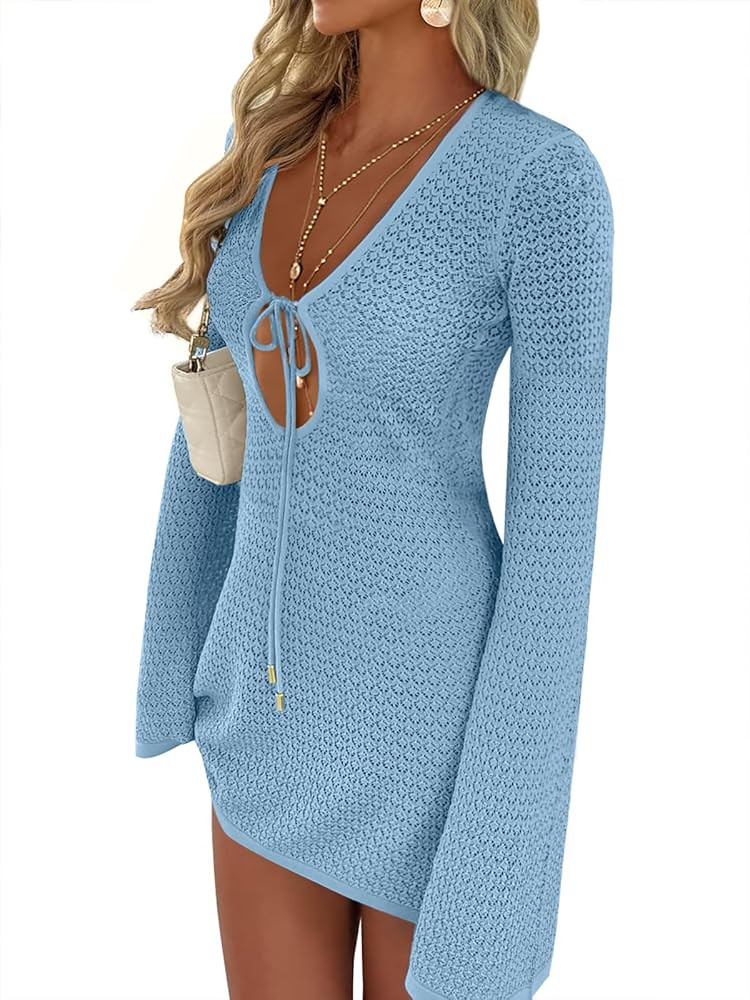 ANRABESS Women\u2019s Crochet Swimsuit Cover Up, V Neck Mesh Knit Beach Dress, Long Sleeve Summer... | Amazon (US)