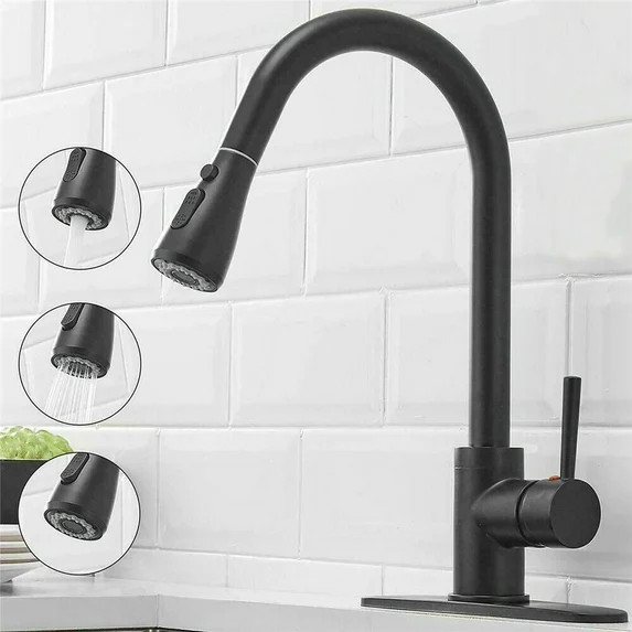 Senlesen Matte Black Single Handle High Arc  Pull Out Kitchen Faucet Single Level Stainless Steel... | Walmart (US)