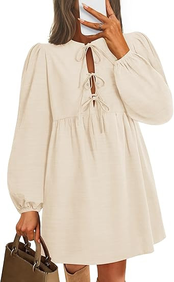 ZESICA Women's Dress Fall Long Puff Sleeve Self Tie Front Babydoll A Line Pleated Cute Mini Tunic... | Amazon (US)